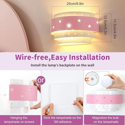 Lightess Pink Wall Sconce Battery Operated for Girls Room, LED Dimmable Wall Light Star, Cordless Wall Lamp for Children Bedroom Decor
