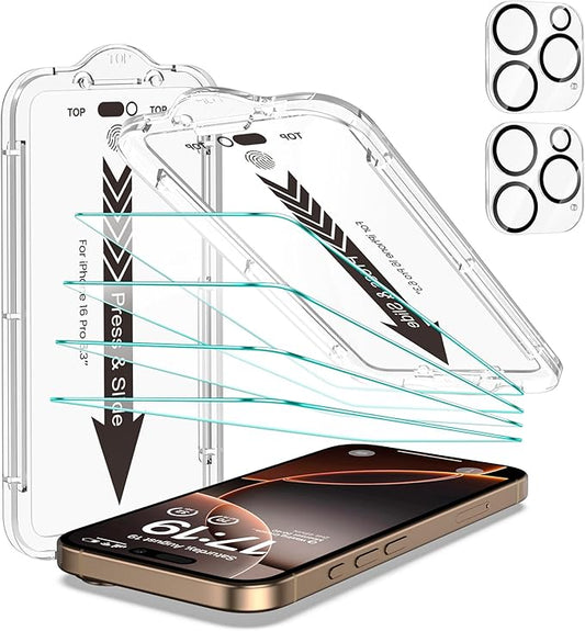 EZ-GLAZ- 4 Pack for iPhone 16 Pro Screen Protector [6.3"] With 2 Pack Camera Lens Protector, 9H+ Hardness 12FT Military Grade Shatterproof Scratch Resistant Durable Tempered Glass Film with Flawless Fit Kit, HD Clear