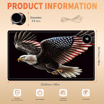Heated Mouse Pad, Warm Desk Pad, Keyboard Mat 23.6 x 14 Inch Large Size Intelligent Fast Heating, 3 Speed Adjustable, Timed Auto Power Off for Game Office Home, Soaring American Flag Eagle