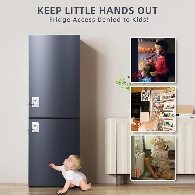 Refrigerator Lock 2 Packs, Fridge Lock with Silicone Wire Protection Fridge Locks for Kids Easy to Use and Install Cabinet Locks with Key, White