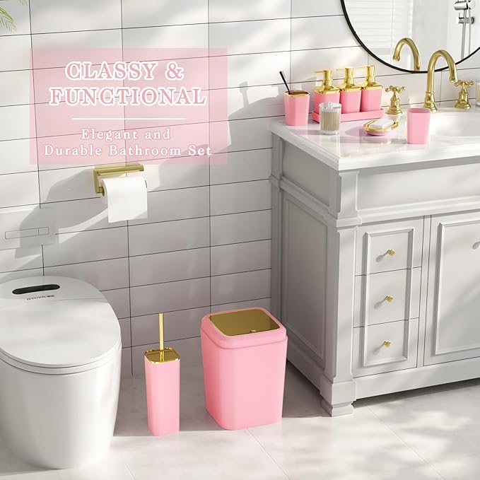 Bathroom Accessory Set, 11PC Bathroom Set, Pink Bathroom Accessories, Bathroom Accessories Set with Trash Can, 3PC Soap Dispensers and Toilet Brush