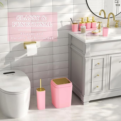 Bathroom Accessory Set, 11PC Bathroom Set, Pink Bathroom Accessories, Bathroom Accessories Set with Trash Can, 3PC Soap Dispensers and Toilet Brush