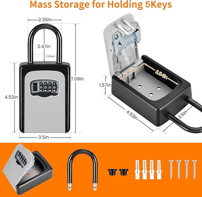 Portable Key Lock Box, Upgrade Clearly Visible Numbers, Lock Box Wall Mounted for House Key, 5 Key Capacity, Weatherproof Resettable Code (2 Pack, Gray)