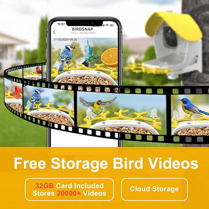 birdsnap® MON - Bird Feeder with Camera, 2K Detachable Video Bird Feeder Live with 32GB Card Fruit Fork, AI Identify Feather Species, Auto Record in Backyard, Ideal Gift for Birds Lover