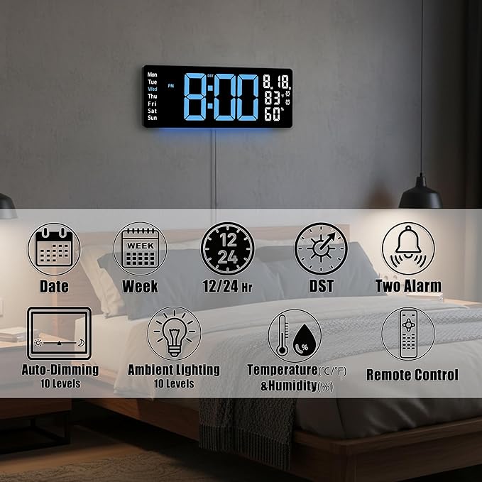 17.5 Inch Blue LED Digital Wall Clock with 8 Ambient Light Colors｜Displays Time,Date,Day,Temperature&Humidity,Dual Alarms,Countdown&Stopwatch,DST,10-Level Auto/Manual Brightness｜Modern Silent Clock