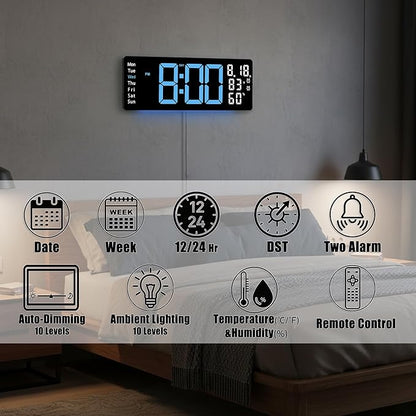 17.5 Inch Blue LED Digital Wall Clock with 8 Ambient Light Colors｜Displays Time,Date,Day,Temperature&Humidity,Dual Alarms,Countdown&Stopwatch,DST,10-Level Auto/Manual Brightness｜Modern Silent Clock