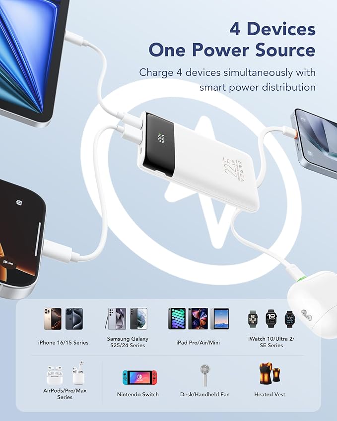 VEGER Portable Charger with Built in Cables, Slim 10000mAh PD 22.5W Fast Charging USB C Power Bank, 4 Outputs 3 Inputs Battery Pack Compatible with iPhone 16 15 14 13 Samsung iPad - Travel Essential