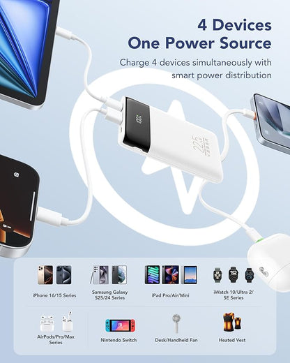 VEGER Portable Charger with Built in Cables, Slim 10000mAh PD 22.5W Fast Charging USB C Power Bank, 4 Outputs 3 Inputs Battery Pack Compatible with iPhone 16 15 14 13 Samsung iPad - Travel Essential