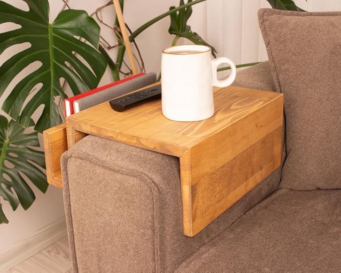 Wooden Couch Arm Tray – Sofa Armrest Table with Book & Magazine Holder, Perfect for Coffee & Remote Control, Solid Wood (Madrid)