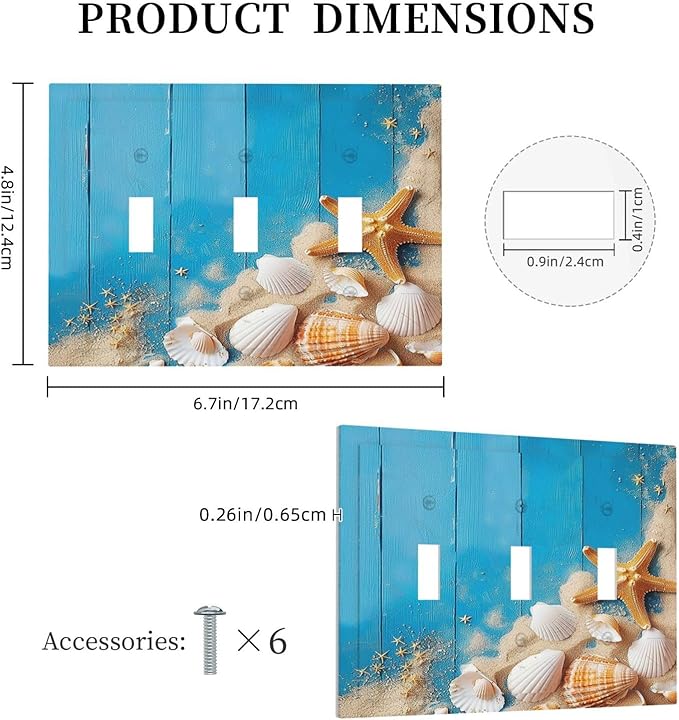 Decorative Switch Plates Blue Wood Grain Beach Shell Starfish 3 Gang Wall Plate Triple Toggle Light Switch Cover Faceplate Electrical Wall Panels for Bathroom Farmhouse Decor