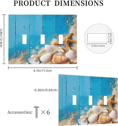 Decorative Switch Plates Blue Wood Grain Beach Shell Starfish 3 Gang Wall Plate Triple Toggle Light Switch Cover Faceplate Electrical Wall Panels for Bathroom Farmhouse Decor