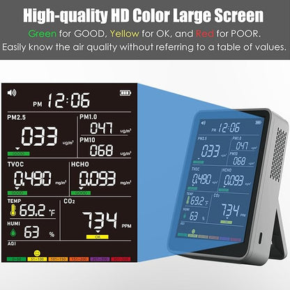 Professional Indoor Air Quality Monitor with AQI Beep Alarms, Portable Real-Time Detector for Home Cars Plants and Pets (Gray)