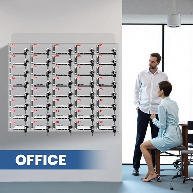 Cell Phone Locker 100 Slots, Wall-Mounted Cell Phone Lock Box with Keys, Acrylic Cell Phone Storage Locker for Employees Office Classroom Gym, Clear Cell Phone Locker Cabinet for Storage (40 Slots)