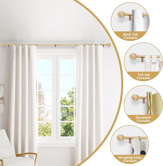 Curtain Rods for Windows 66 to 120 Inches 1 Inch Diameter Adjustable Drapery Rod Decorative Single Window Curtain Rods with Classic Finials, Gold