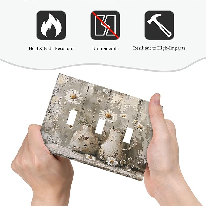 Decorative Switch Plates Vintage Rustic Floral White Daisy Flower Oil Painting Style 3 Gang Wall Plate Triple Toggle Light Switch Cover Faceplate Electrical Wall Panels for Home Farmhouse