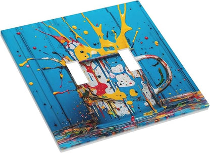 Decorative Light Switch Cover Plate Colorful Paint Splatters Blue Wood Plank 2 Gang Wall Plate Oversized Double Toggle Two Switch Wall Cover Plate Dual Device Faceplate