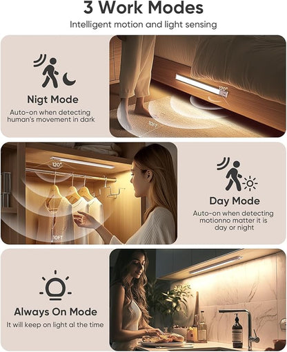 Under Cabinet Lighting Wireless, Rechargeable 62 LED Motion Sensor Light Indoor, 3 Color Temps Closet Lights with Remote Control, Dimmable Magnetic Under Counter Lights for Kitchen, Stairs, 6 Pack