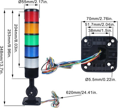 Led Signal Tower Stack Lights, Industrial Signal Warning Lights, Column Tower Lamp with Rotatable Base, Steady/Flashing Switchable,12V 24V DC(5-Layer, no Buzzer) Black