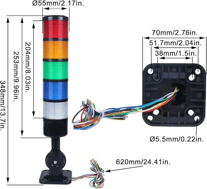 Led Signal Tower Stack Lights, Industrial Signal Warning Lights, Column Tower Lamp with Rotatable Base, Steady/Flashing Switchable,12V 24V DC(5-Layer, with Buzzer) Black