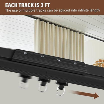 Ceiling Mount Curtains Track Room Divider Privacy Partition Separator Curtain Tracks Rods Heavy Duty RV Shower Outdoor Rail Clip Hook Set, Black 3-12ft