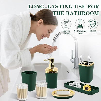 Green Bathroom Set, Bathroom Sets with Stripe Shower Curtain, Green and Gold Bathroom Accessories with Trash Can, Soap Dispenser, Soap Dish, Toilet Brush Holder, Qtip Holders for Bathroom