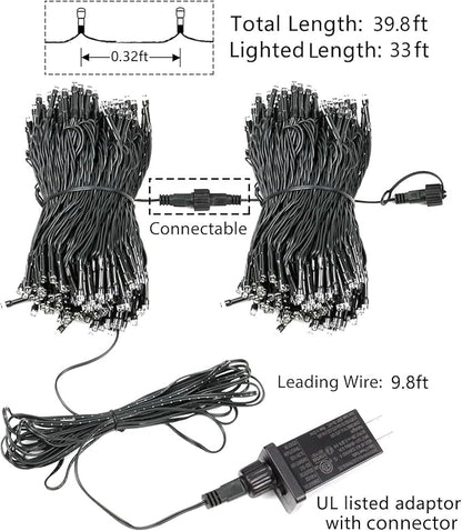 33 FT 100 LED Christmas String Lights Indoor Outdoor, Memory Function & Timer & 8 Modes, UL Certified, Linkable Green Wire Waterproof Twinkle Light for Christmas Tree Party Garden Decor (Warm White)
