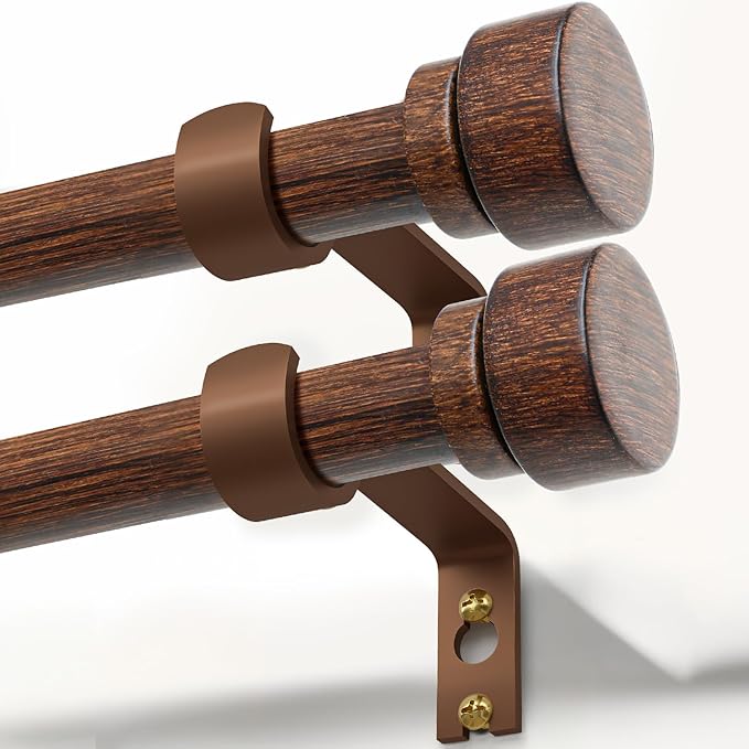 2 Pack Antique Redwood Grain Curtain Rods for Windows 72 to 144 Inches 1" Diameter Heavy Duty Window Curtain Rod Adjustable with Solid Finials for Living Room Bedroom Kitchen Farmhouse Outdoor