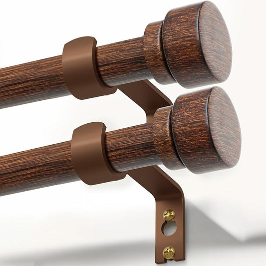 2 Pack Antique Redwood Grain Curtain Rods for Windows 66 to 120 Inches 1" Diameter Heavy Duty Window Curtain Rod Adjustable with Solid Finials for Living Room Bedroom Kitchen Farmhouse Outdoor