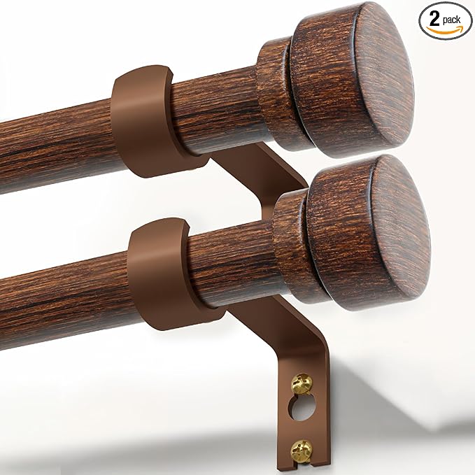 2 Pack Antique Redwood Grain Curtain Rods for Windows 48 to 84 Inches 1" Diameter Heavy Duty Window Curtain Rod Adjustable with Solid Finials for Living Room Bedroom Kitchen Farmhouse Outdoor