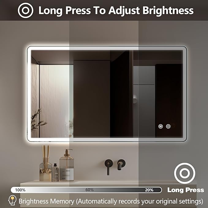 Niccy Led Mirror for Bathroom, 40"x24" Frameless Frontlit and Backlit Mirror for Wall Lighted Mirror with Bedroom 3 Color, Defogger, Explosion-Proof, HD Glass, IP65 Vanity Mirror Horizontal/Vertical