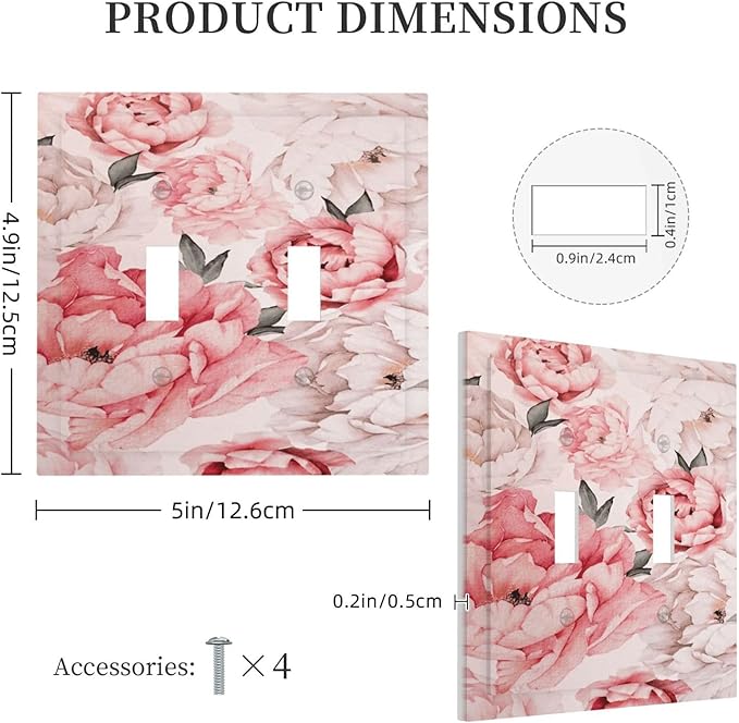 Decorative Light Switch Plate Covers Ink Pink Peony Flower Rustic Floral 2 Gang Light Switch Cover Unique Double Toggle Wall Plate Outlet Covers for Bedroom Home Decor （2 Pack）