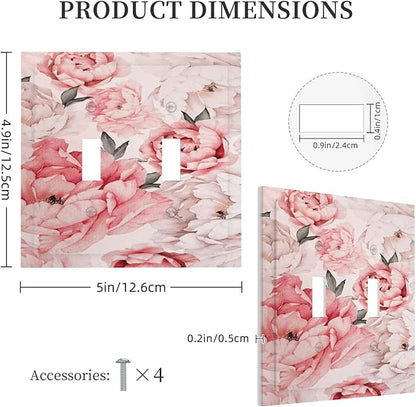 Decorative Light Switch Plate Covers Ink Pink Peony Flower Rustic Floral 2 Gang Light Switch Cover Unique Double Toggle Wall Plate Outlet Covers for Bedroom Home Decor （2 Pack）