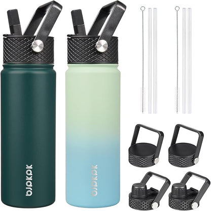 BJPKPK 2 Pack Insulated Water Bottles with Straw Lids, 22oz Stainless Steel Metal Water Bottle with 6 Lids, Leak Proof BPA Free Jugs, Cups, Flasks for Travel, Sports (Army Green+Mint)