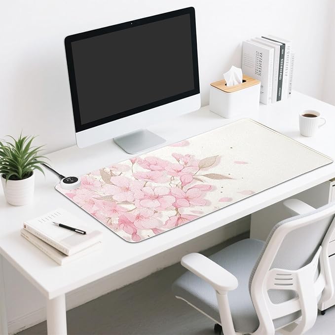 Large Heated Mouse Pad,Leather Desk Mat,31.5"x13",Hand Warmer Pads for Desk,Sakura（Pink White）