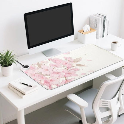 Large Heated Mouse Pad,Leather Desk Mat,31.5"x13",Hand Warmer Pads for Desk,Sakura（Pink White）