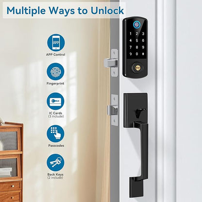 Keyless Entry Door Deadbolt with Handle Set, BEBASIA Fingerprint APP Smart Door Lock, Digital Keypad Bluetooth Deadbolt Lockset with Auto Lock Code Fob Black
