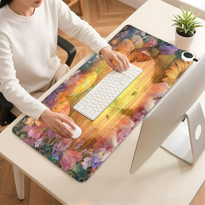 Heated Desk Pad Mouse Pad 31.5x13 Inch PU Leather Desk Mat with 3 Heat Levels Large Mouse Gaming Computer Laptop Mat Easter Bunny Eggs Sunflowers