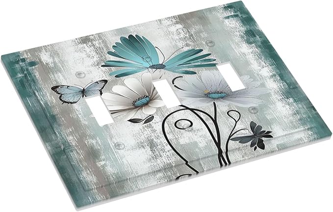 Decorative Switch Plates Rustic Teal Daisy Floral Flowers Butterfly Wood Grain 3 Gang Wall Plate Triple Toggle Light Switch Cover Faceplate Electrical Wall Panels for Bathroom Bedroom Decor