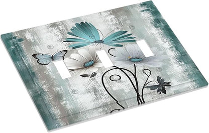 Decorative Switch Plates Rustic Teal Daisy Floral Flowers Butterfly Wood Grain 3 Gang Wall Plate Triple Toggle Light Switch Cover Faceplate Electrical Wall Panels for Bathroom Bedroom Decor