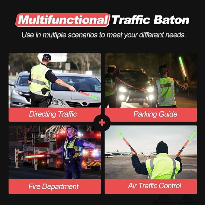 RoadHero 2 Pack 21 Inch Traffic Wands, Red and Green Led Traffic Control Baton, Safety Light Wand with 3 Flashing Modes, Air Marshaling Signal Wand with Side Clip for Airport, Parking, Car Directing