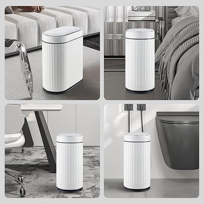 ELPHECO Bathroom Trash Can with Lid 2 Gallon Motion Sensor Garbage Can 7.5 Liter Small Trash can Touchless Bathroom Decor Waterproof Smart Waste Bin with Stripes for Bedroom, Office (White-Black)