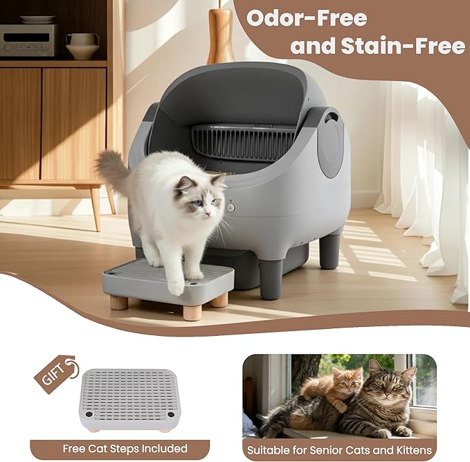 Self Cleaning Litter Box, App Control, Automatic Litter Box with Step, Odor-Free Includes Large Waste Bin and Trash Bags, Open Top Large Capacity for Multiple Cats, Quiet Operation, Safety Protection