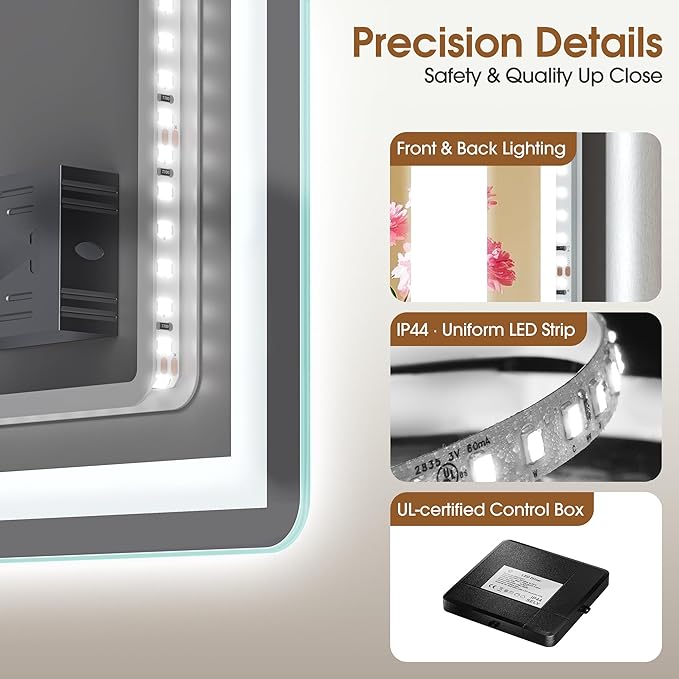 STARLEAD 28"x36" LED-Bathroom-Mirror-with-Lights, Wall-Mounted with Clock, Anti-Fog, 3 Color Temperature, Dimmable Brightness, Waterproof, Tempered Glass, Frontlit & Backlit