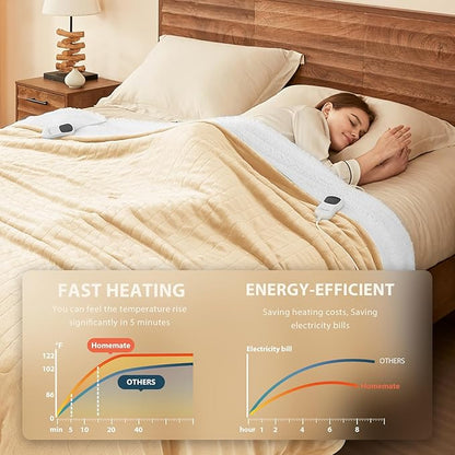 Homemate Electric Heated Blanket Twin - 62"x84" Heating Bed Blankets Throw with 10 Heating Levels 8 Hours Auto Off Fast Heating Over-Heated Protection Ultra Soft Warm Flannel ETL Certified Beige