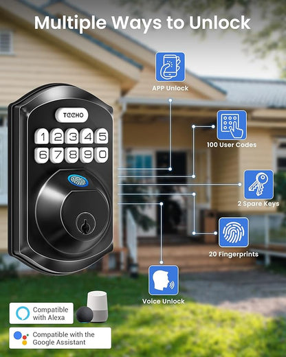TEEHO TE012W-H WiFi Smart Door Lock with Handle, Fingerprint, Keypad, Key & App Control, Keyless Entry Deadbolt Set, Compatible with Alexa & Google Assistant, Easy Install for Front Door, Matte Black