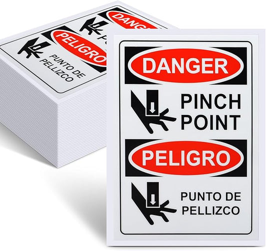 100 PCS Danger Pinch Point English + Spanish OSHA Label Decal - 5 x 3.5 Inch Bilingual Safety Warning Label Decal Vinyl for Machinery Equipment Industrial Warehouse