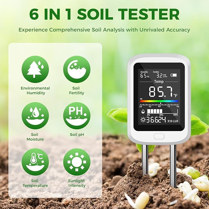 6-in-1 Soil Test Kit for Gardening Deals, Digital pH Meter/Temperature/Sunlight/Fertility/Environmental| Factory-Permanent Calibration