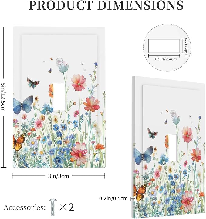 Decorative Light Switch Cover Plate Rustic Wildflower Blue Pink Floral Butterfly 1 Gang Single Toggle Wall Plates for Electrical Outlets Outlet Covers Switch Plate Covers for Home Decor