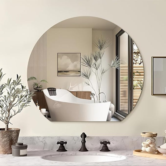 Half Moon Bathroom Mirror 24", Modern Frameless Wall Mirror, Hanging Decorative Vanity Mirror, Minimalist Explosion Proof Semi Circle Mirror for Living Room Bedroom Entryway, Down Cut