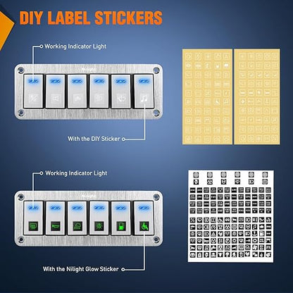 Nilight 6 Gang Rocker Switch Panel 3 Pin On Off Pre-Wired Blue LED Waterproof Aluminum with DIY Stickers for 12V 24V Automotive Cars Marine Boats UTV Truck Jeeps